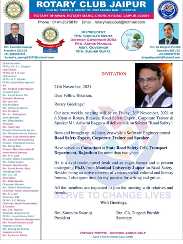 Invitation by Rotary Club Jaipur